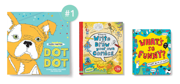Three activity books in a row, with number one callout on the largest first place book.