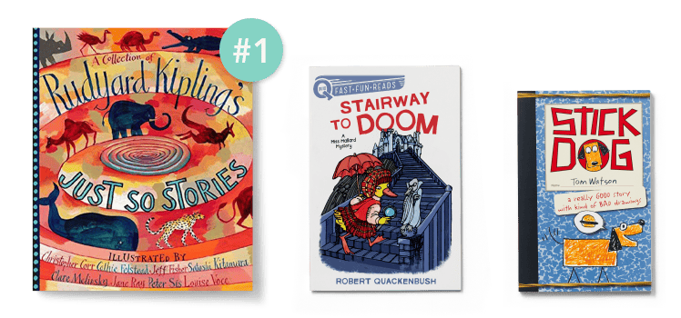 Three chapter books in a row, with number one callout on the largest first place book.