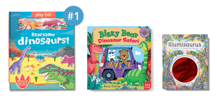 Three dinosaur books in a row, with number one callout on the largest first place book.