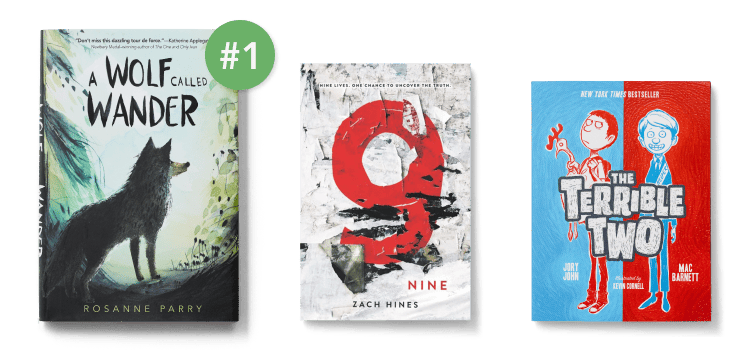 Three fiction books in a row, with number one callout on the largest first place book.