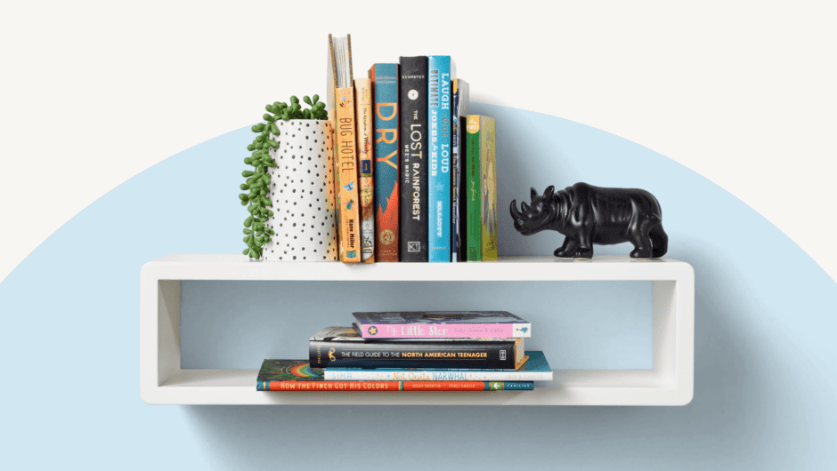 A collection of books on a shelf with a plant, and small rhinoceros toy